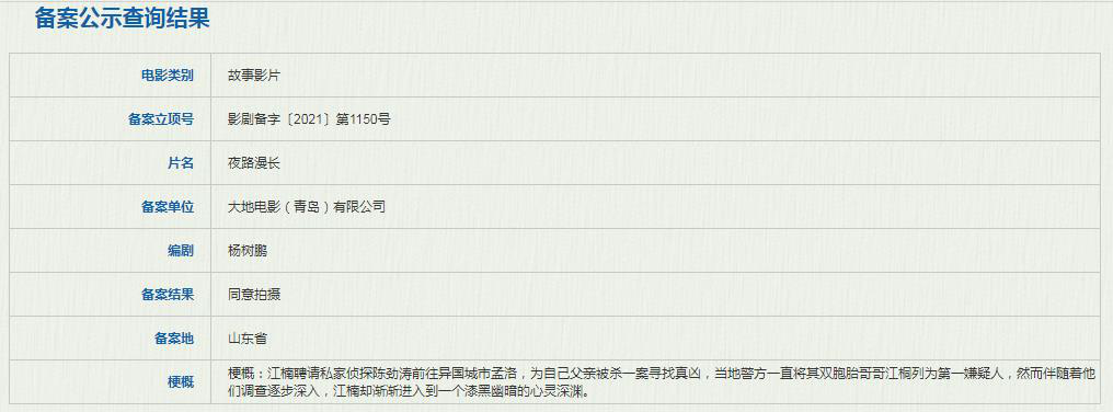 杨树鹏编剧《夜路漫长》立项 讲述异国追凶故事